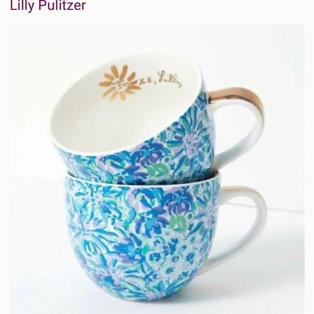 Lilly Pulitzer High Maintenance Blue Floral Set of Two Tea Coffee Mugs